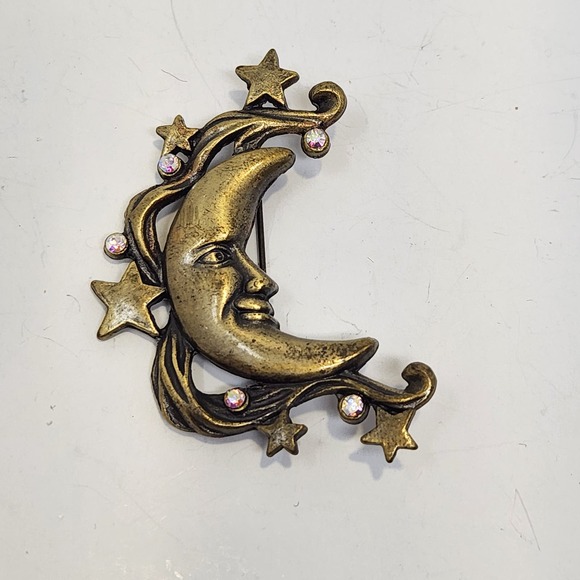 Patricia Darling Dash Brass Tone Crescent Moon Stars Brooch Pink AB Crystals - Picture 2 of 5